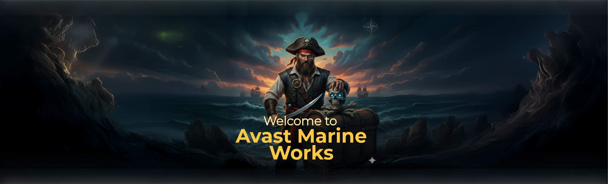 Character in pirate costume with 'Avast Marine Works' text against a dark, ocean-themed background